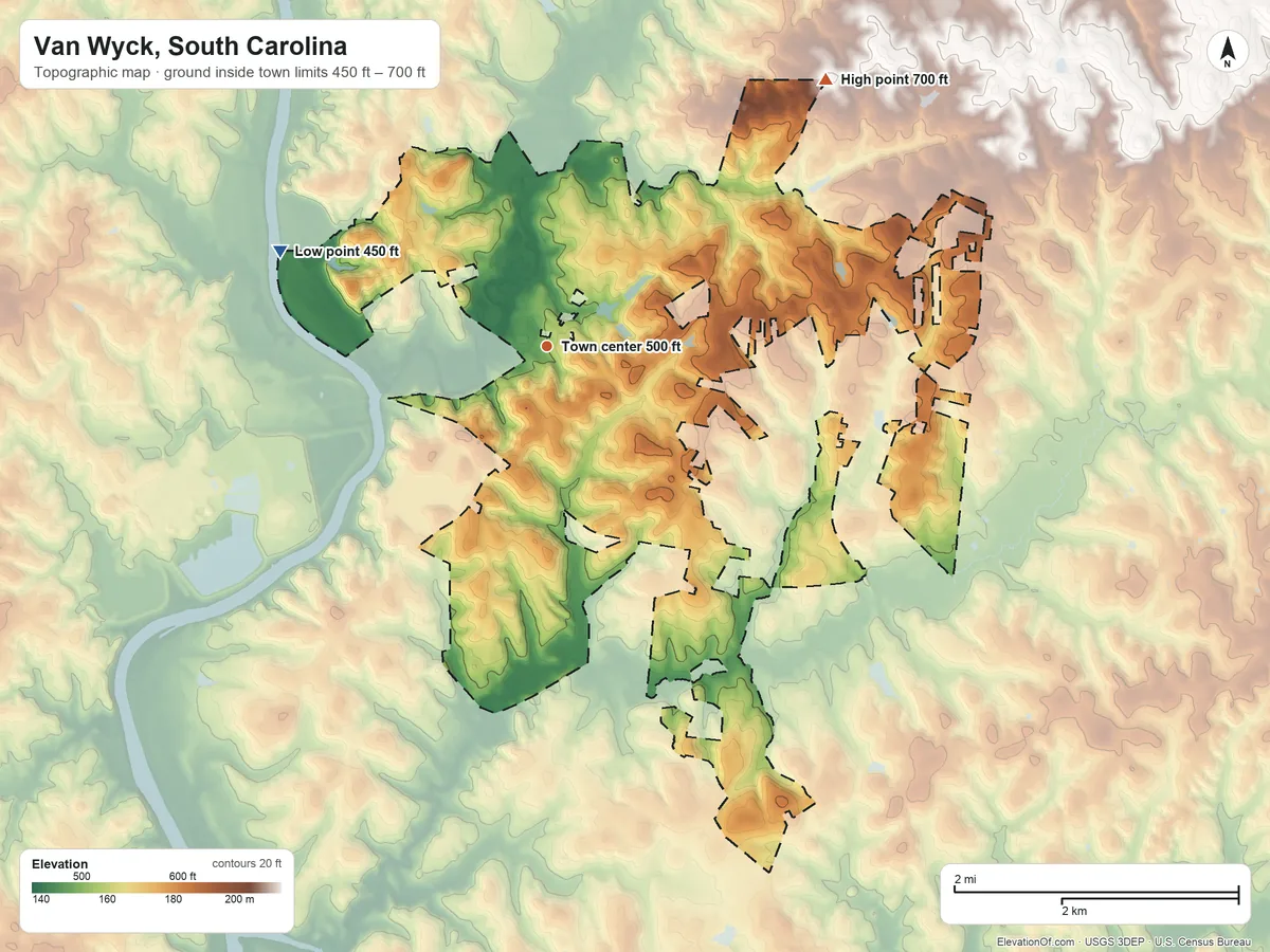 Topographic elevation map of Van Wyck, South Carolina, shaded from 450 ft on the west side to 700 ft on the northeast side