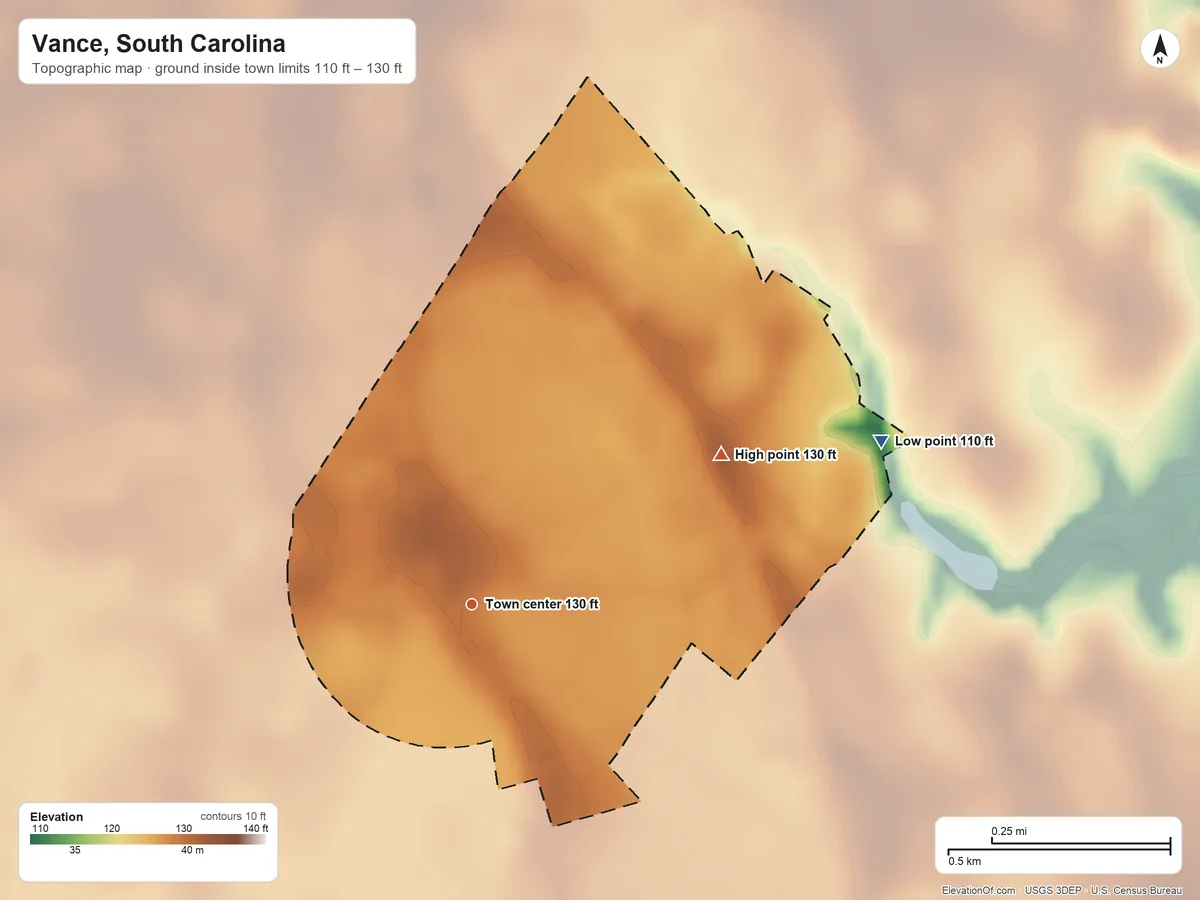 Topographic elevation map of Vance, South Carolina, shaded from 110 ft on the east side to 130 ft on the northeast side