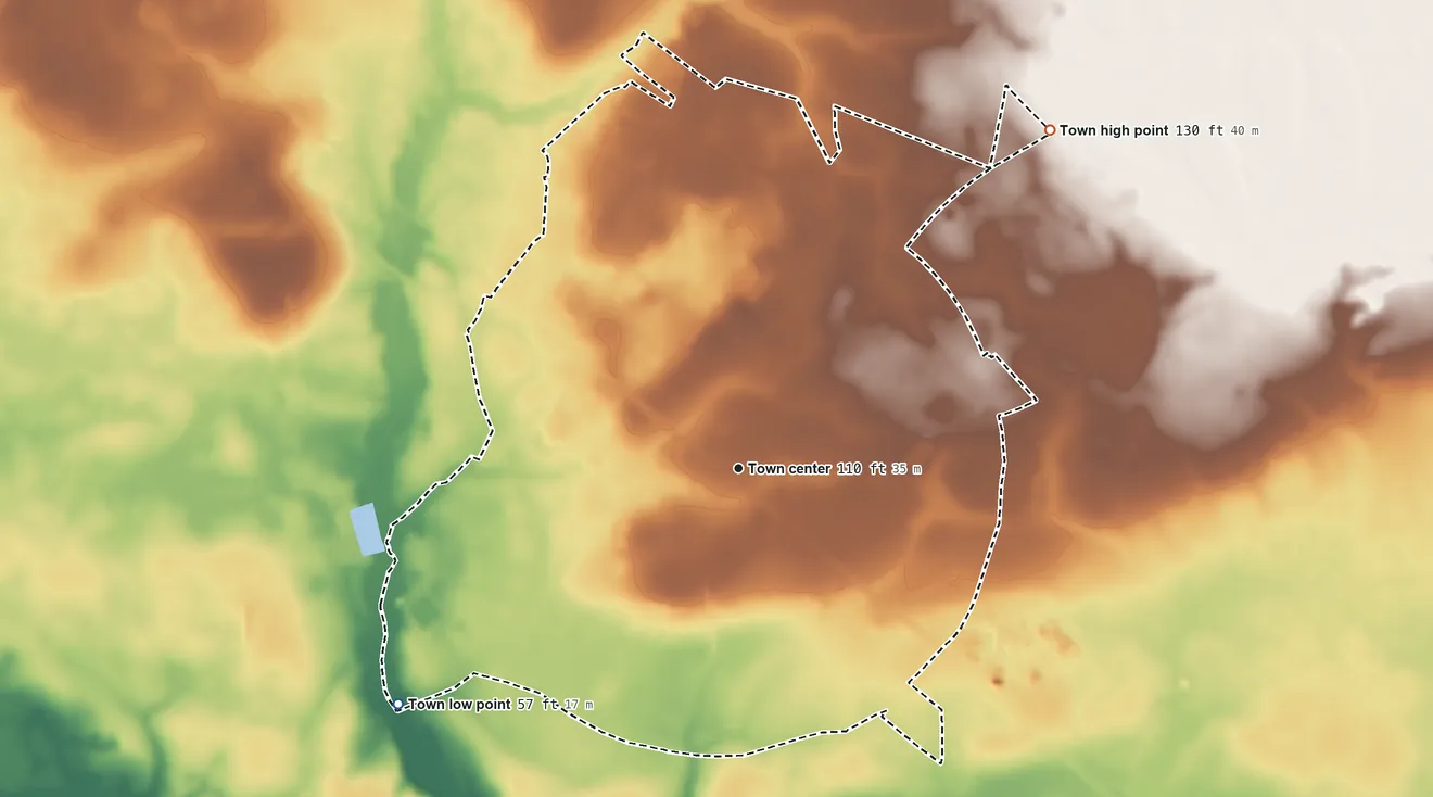 Topographic elevation map of Varnville, South Carolina, shaded from 57 ft on the southwest side to 130 ft on the northeast side