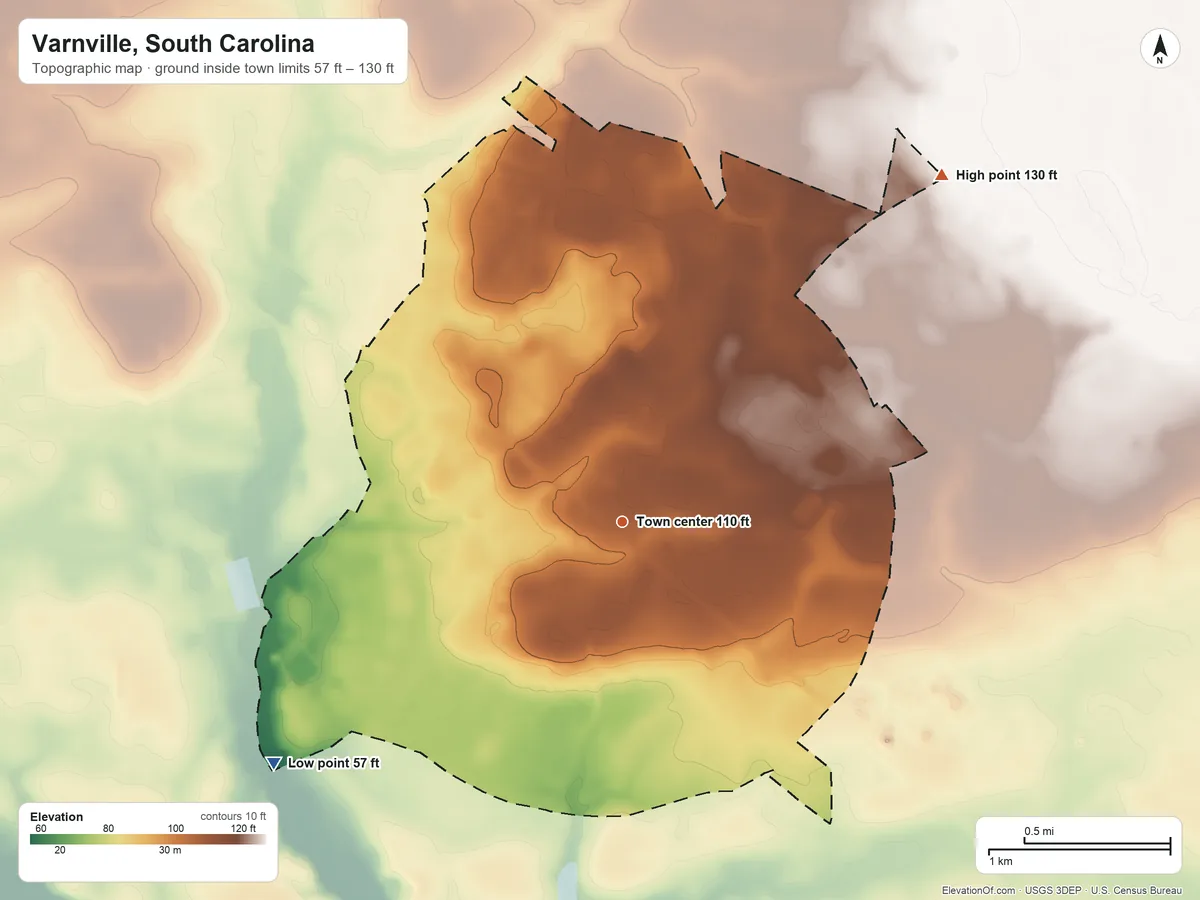 Topographic elevation map of Varnville, South Carolina, shaded from 57 ft on the southwest side to 130 ft on the northeast side