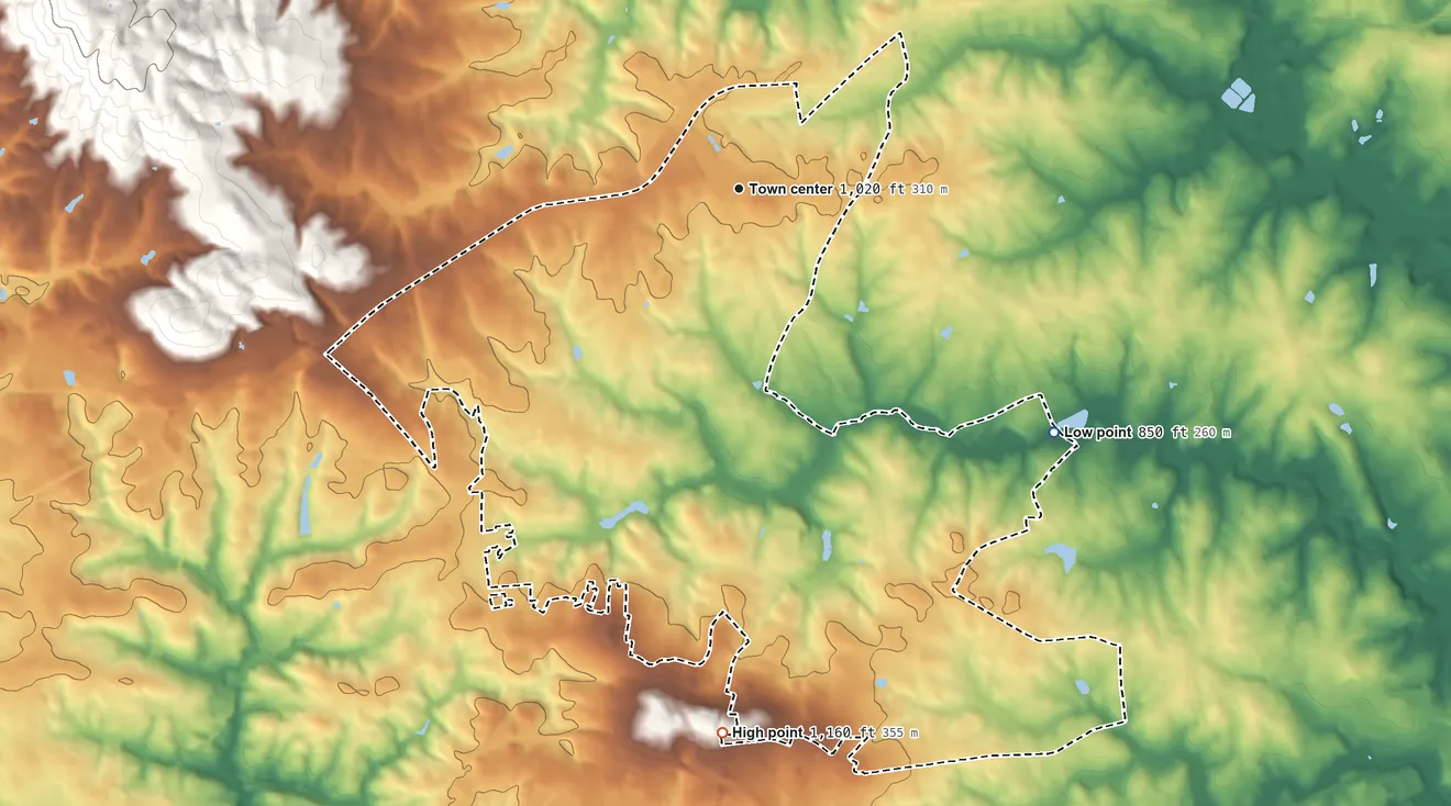 Topographic elevation map of Wade Hampton, South Carolina, shaded from 850 ft on the southeast side to 1,160 ft on the south side