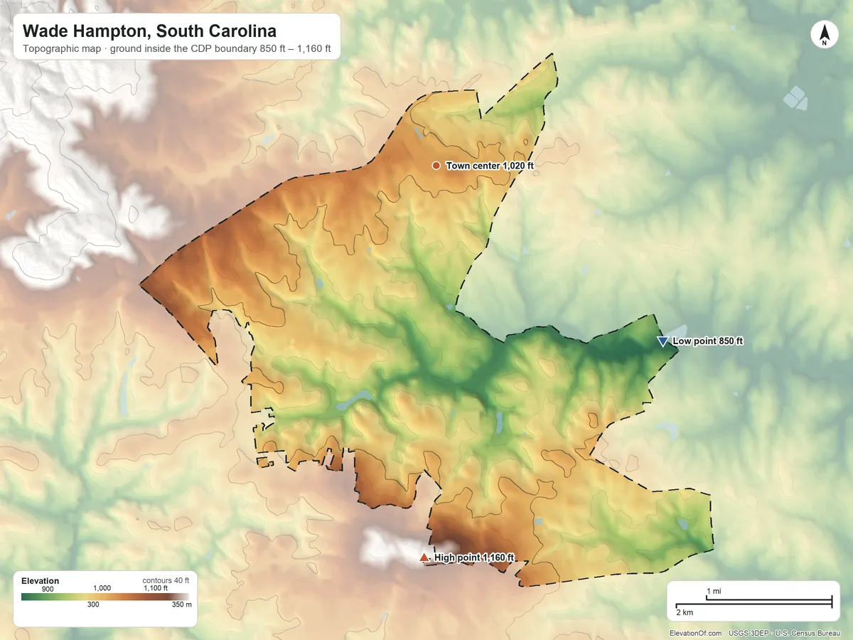 Topographic elevation map of Wade Hampton, South Carolina, shaded from 850 ft on the southeast side to 1,160 ft on the south side