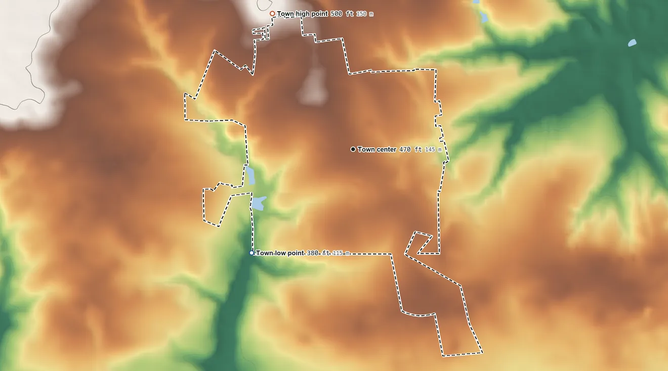 Topographic elevation map of Wagener, South Carolina, shaded from 380 ft on the southwest side to 500 ft on the northwest side