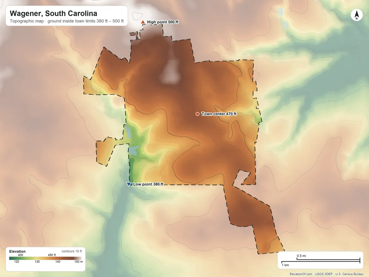 Topographic elevation map of Wagener, South Carolina, shaded from 380 ft on the southwest side to 500 ft on the northwest side