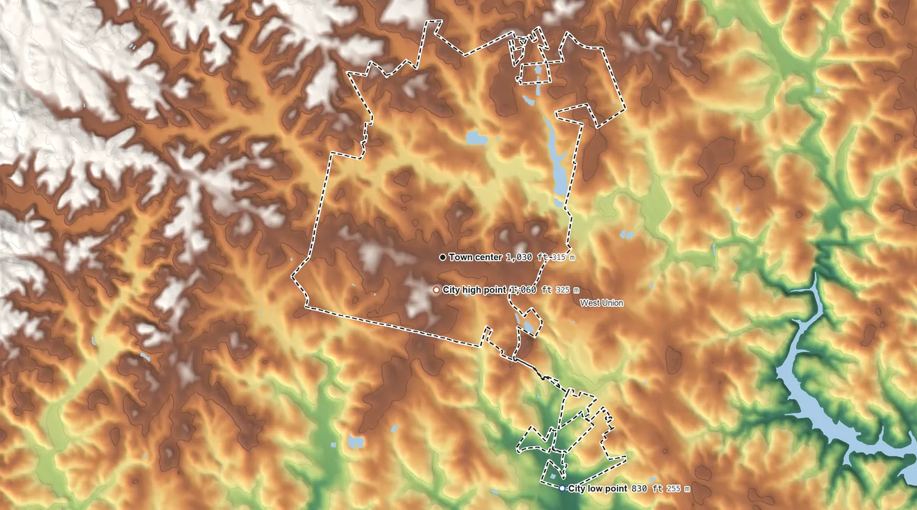 Topographic elevation map of Walhalla, South Carolina, shaded from 830 ft on the southeast side to 1,060 ft near the middle