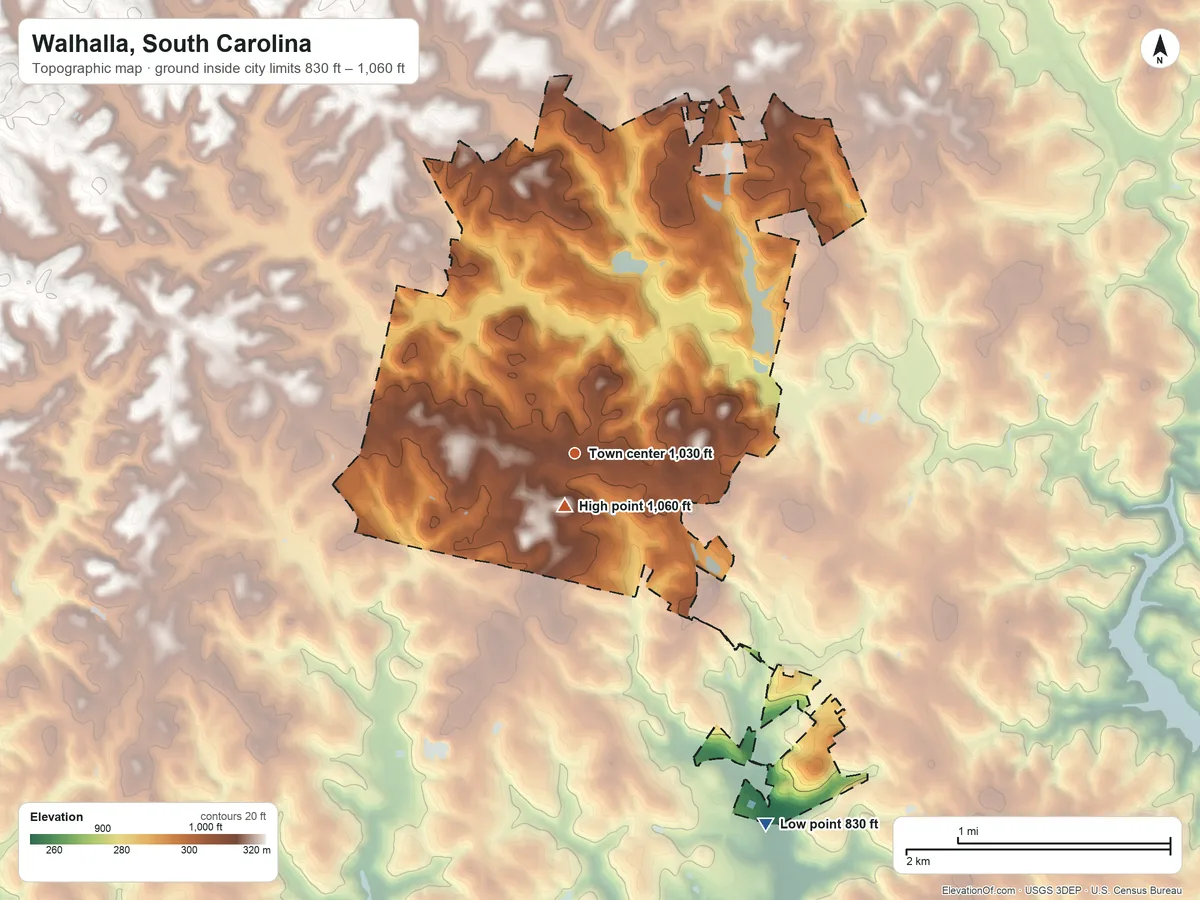 Topographic elevation map of Walhalla, South Carolina, shaded from 830 ft on the southeast side to 1,060 ft near the middle