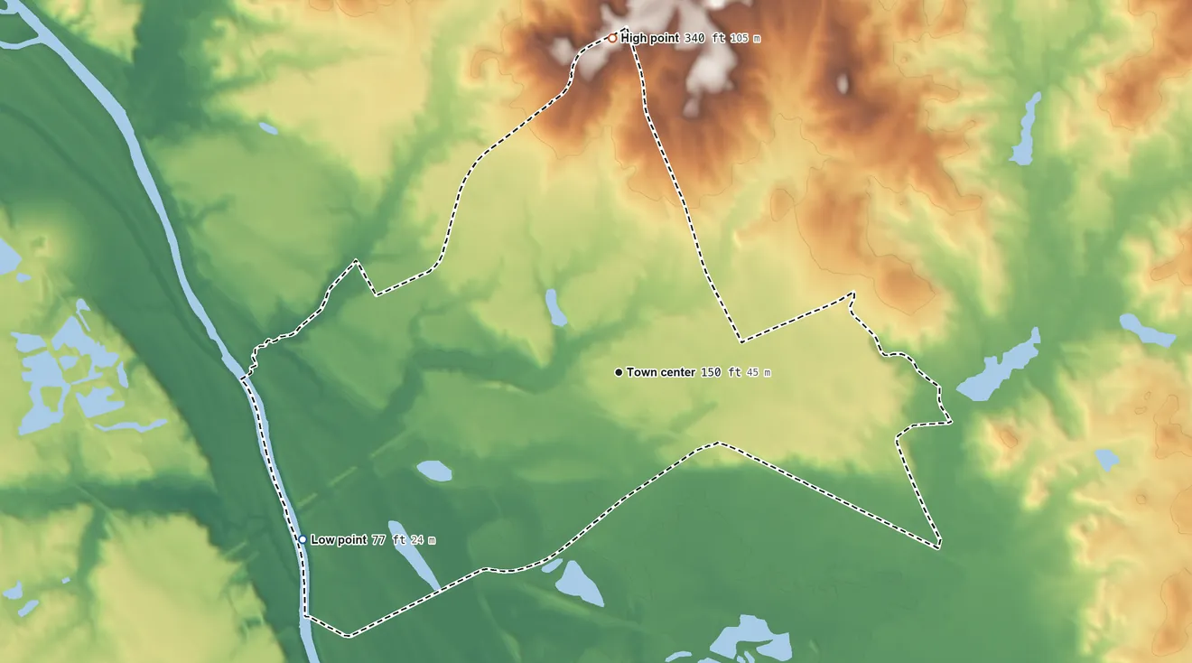 Topographic elevation map of Wallace, South Carolina, shaded from 77 ft on the southwest side to 340 ft on the north side