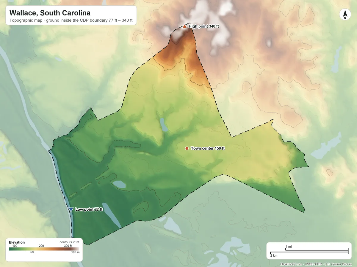 Topographic elevation map of Wallace, South Carolina, shaded from 77 ft on the southwest side to 340 ft on the north side