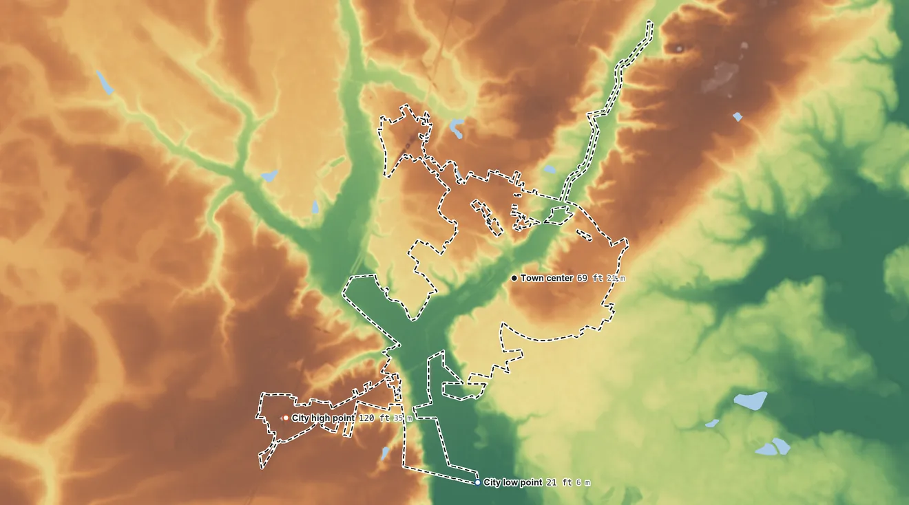 Topographic elevation map of Walterboro, South Carolina, shaded from 21 ft on the south side to 120 ft on the southwest side