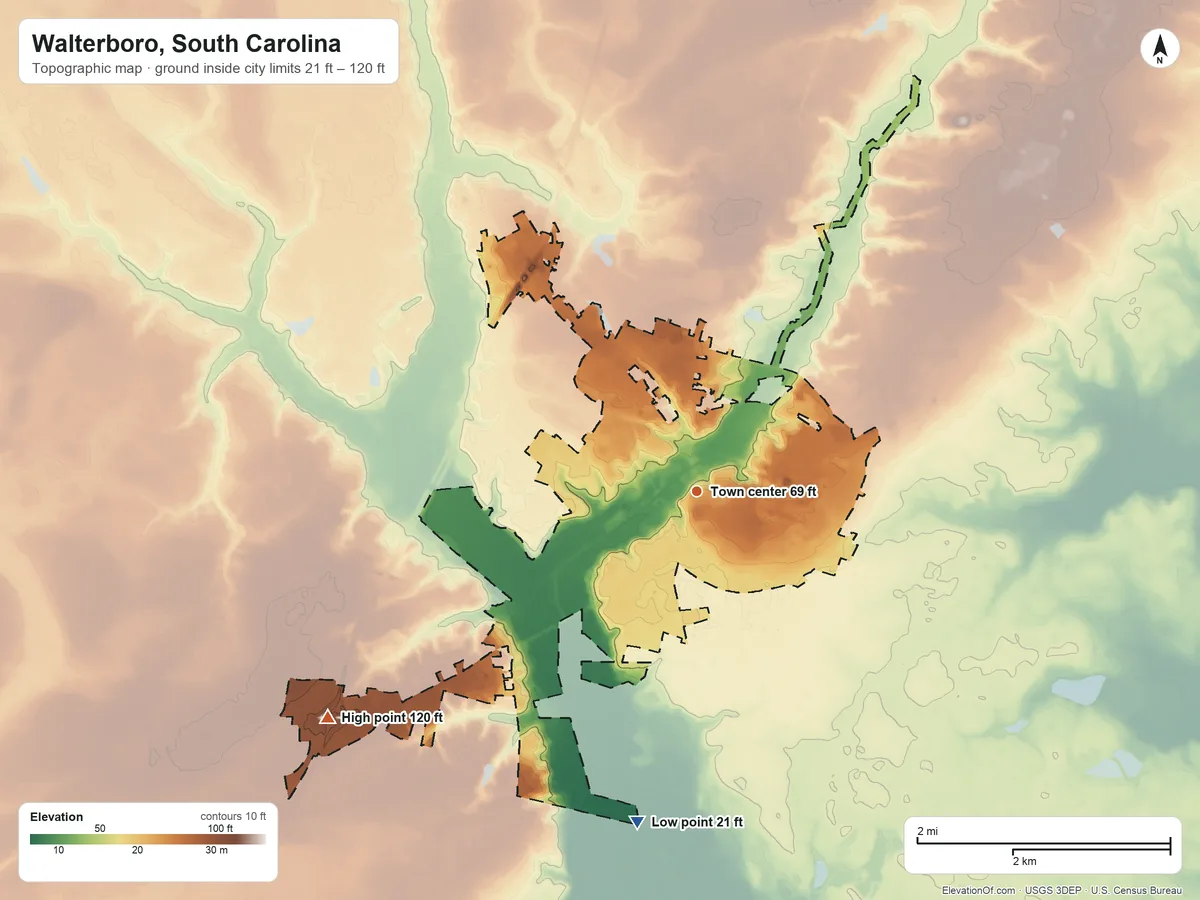 Topographic elevation map of Walterboro, South Carolina, shaded from 21 ft on the south side to 120 ft on the southwest side