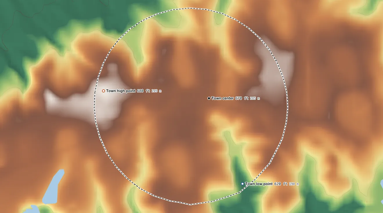 Topographic elevation map of Ward, South Carolina, shaded from 620 ft on the south side to 680 ft on the west side