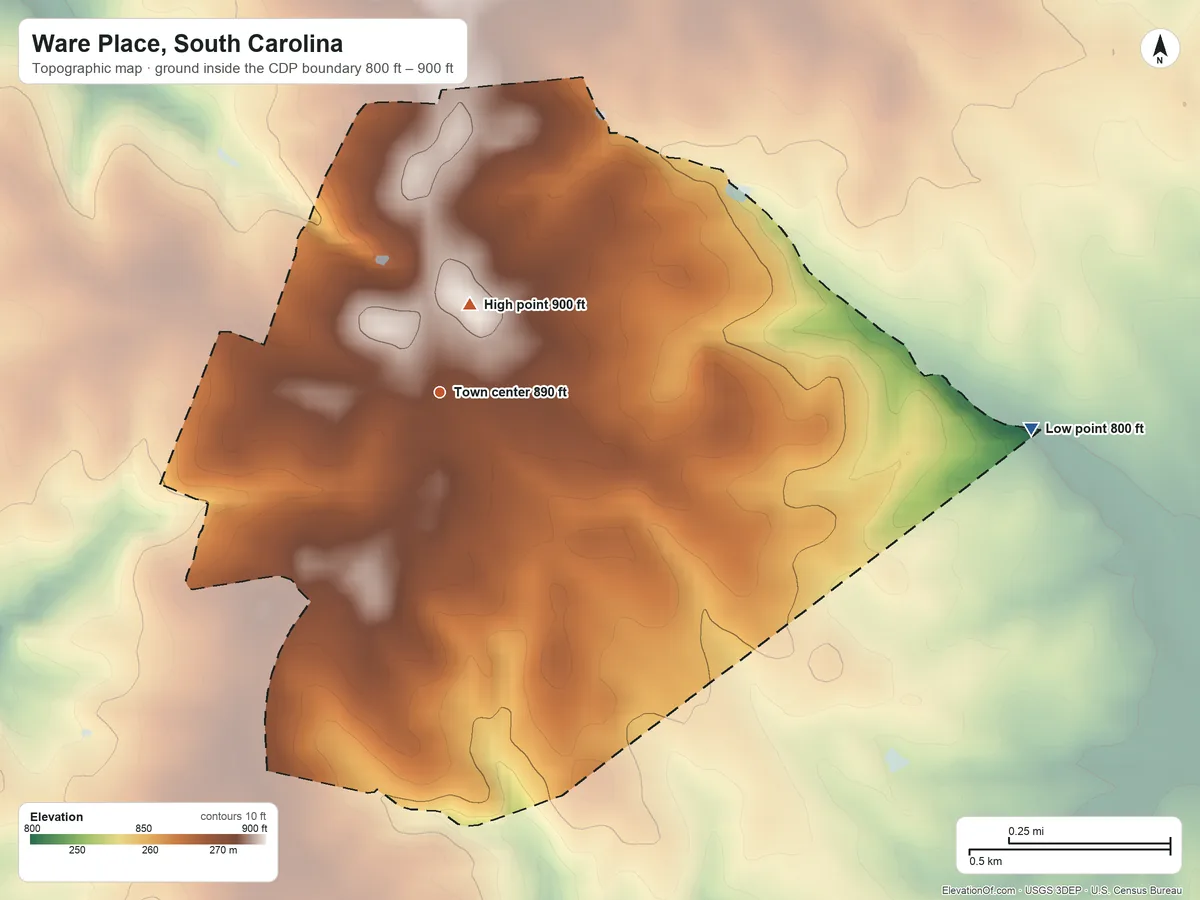 Topographic elevation map of Ware Place, South Carolina, shaded from 800 ft on the east side to 900 ft near the middle