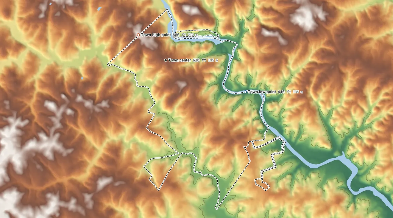 Topographic elevation map of Ware Shoals, South Carolina, shaded from 440 ft on the east side to 680 ft on the northwest side