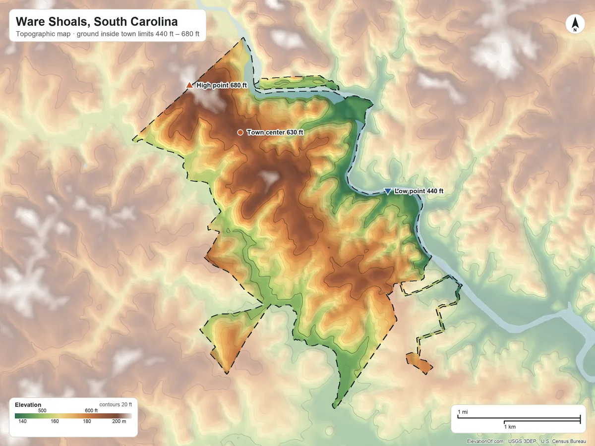 Topographic elevation map of Ware Shoals, South Carolina, shaded from 440 ft on the east side to 680 ft on the northwest side