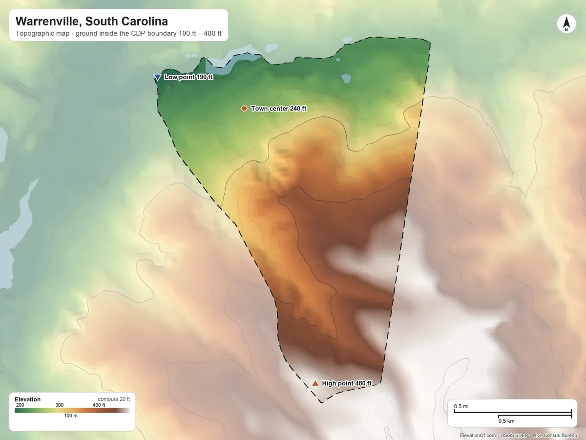 Topographic elevation map of Warrenville, South Carolina, shaded from 190 ft on the west side to 480 ft on the south side