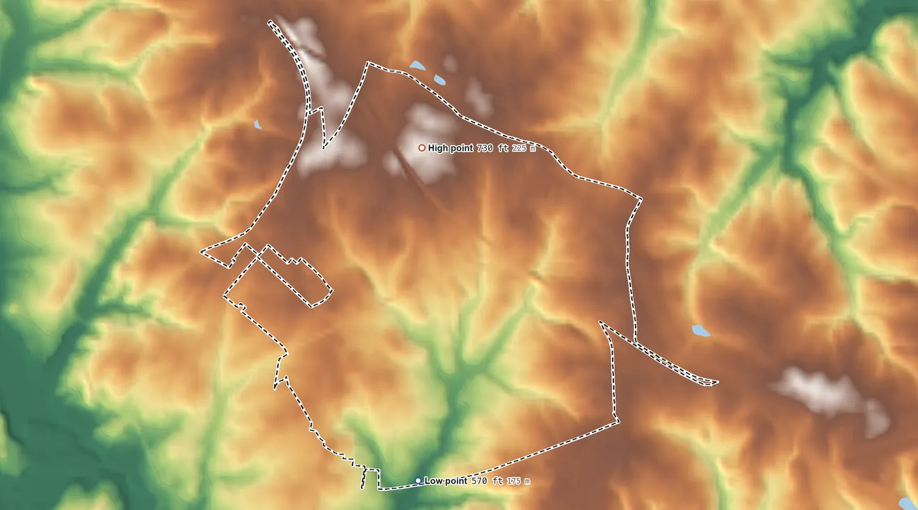 Topographic elevation map of Watts Mills, South Carolina, shaded from 570 ft on the south side to 730 ft on the northeast side