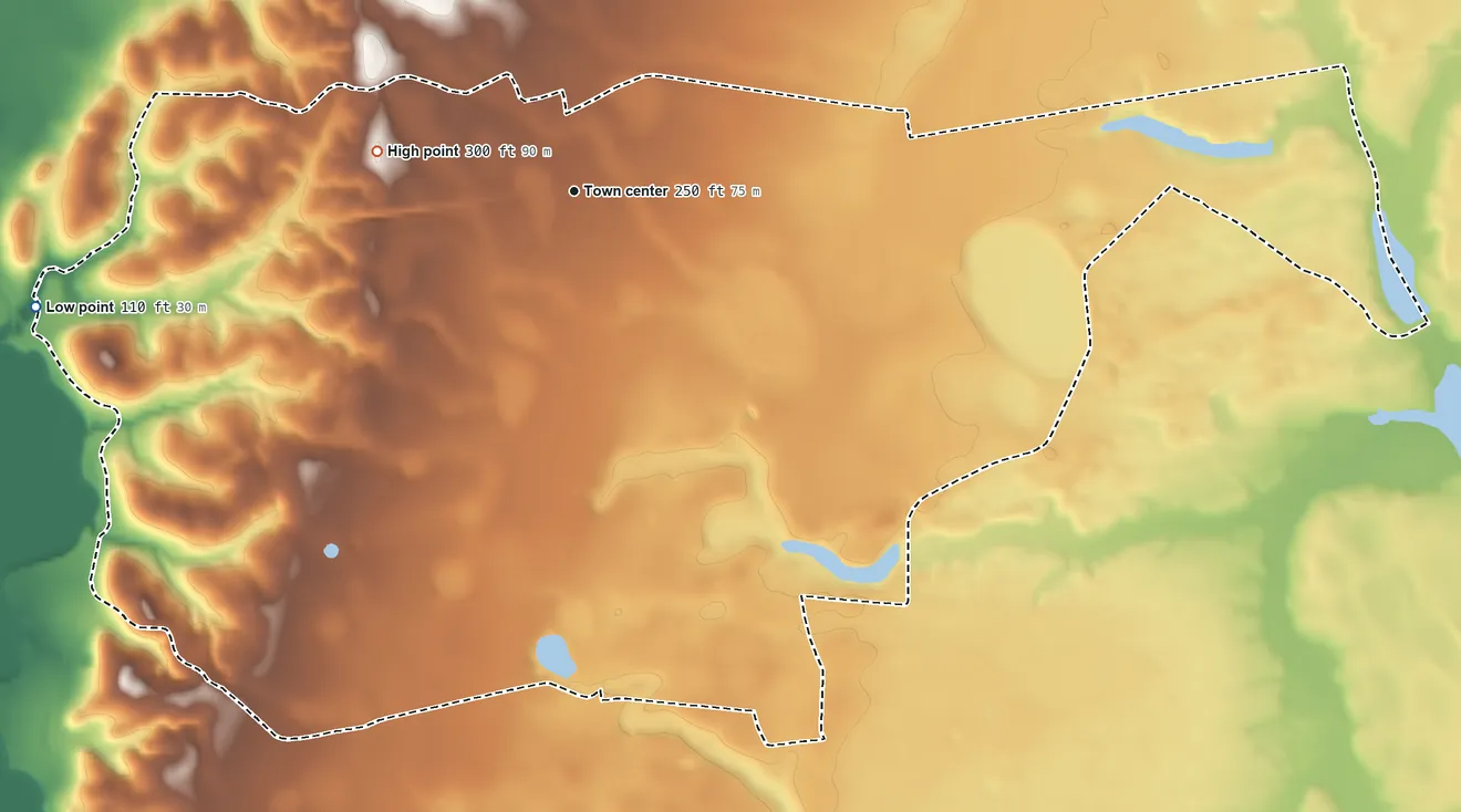 Topographic elevation map of Wedgefield, South Carolina, shaded from 110 ft on the west side to 300 ft on the west side