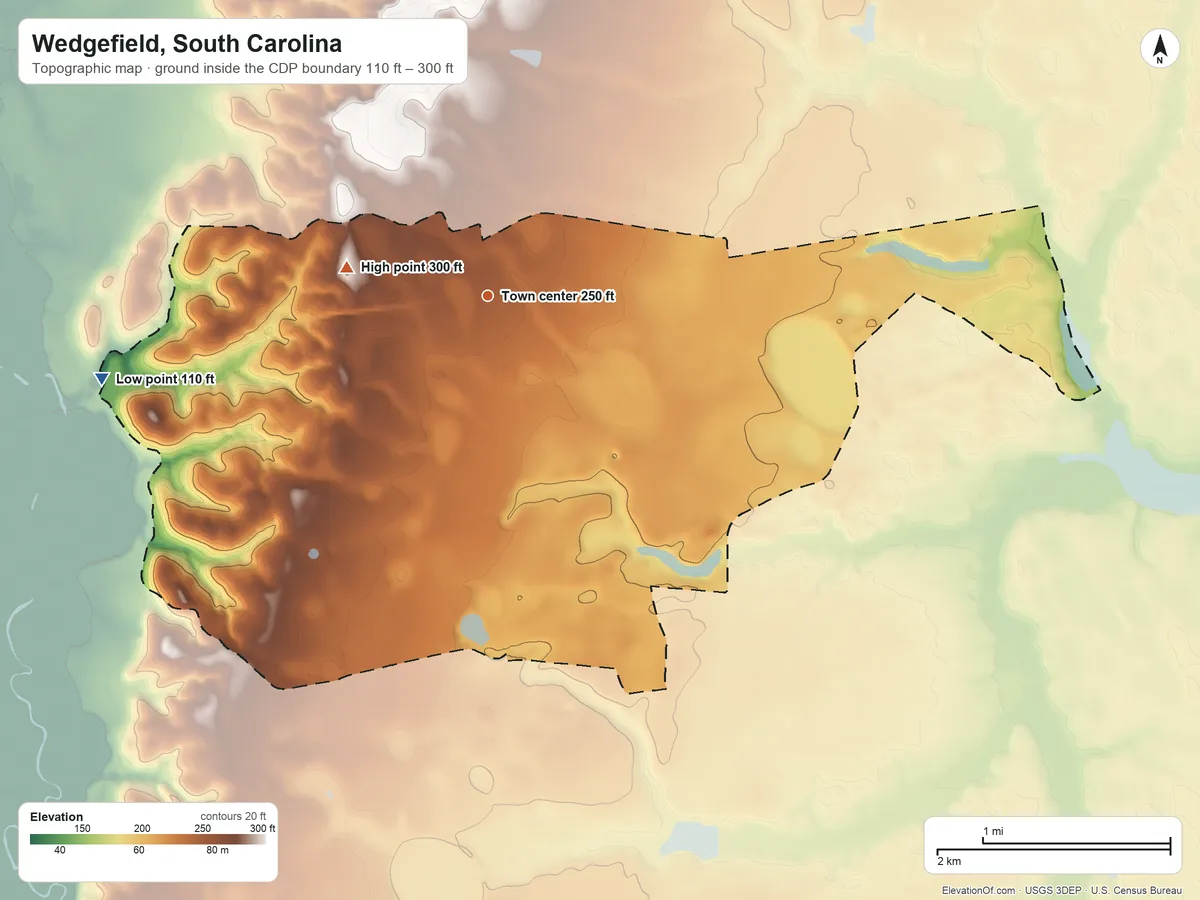 Topographic elevation map of Wedgefield, South Carolina, shaded from 110 ft on the west side to 300 ft on the west side