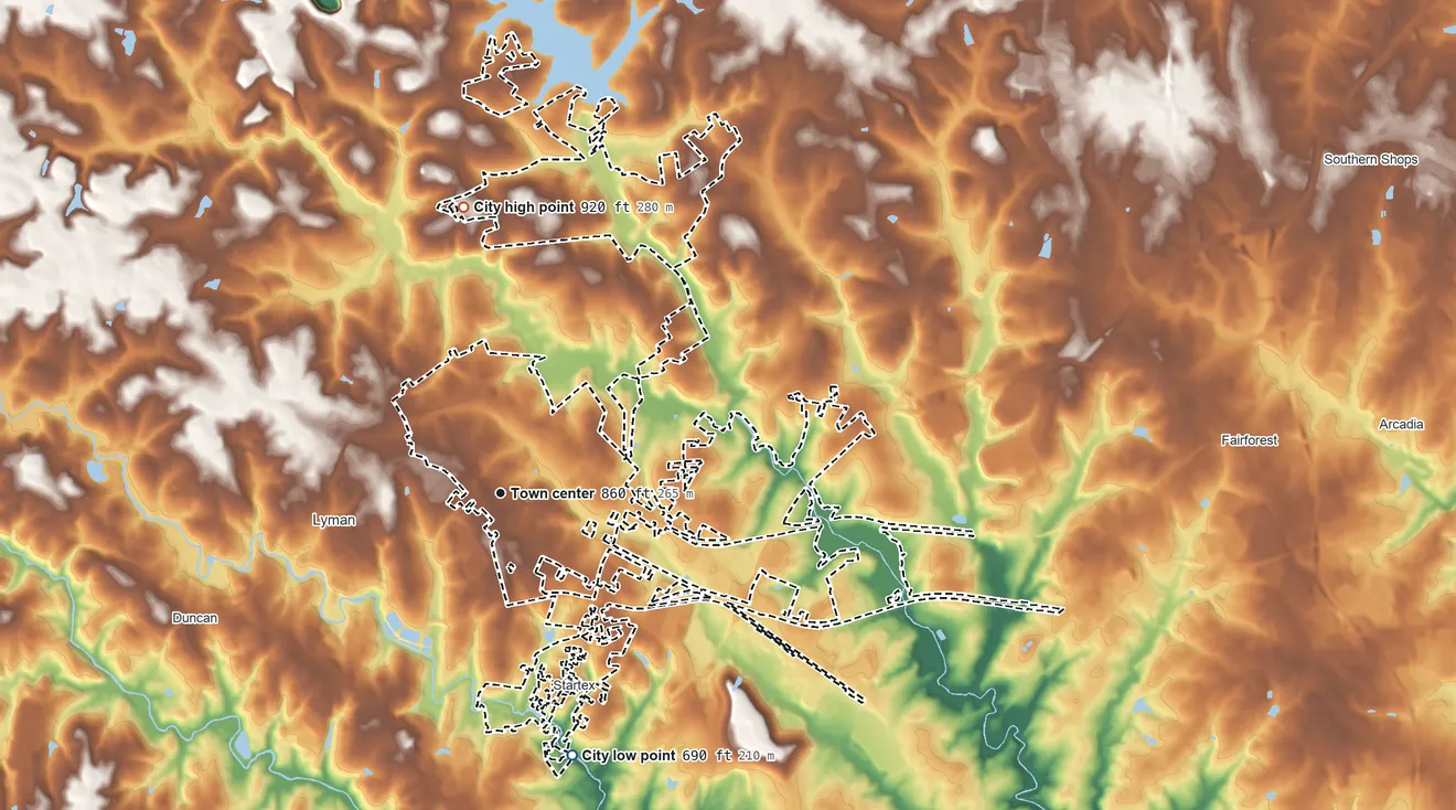 Topographic elevation map of Wellford, South Carolina, shaded from 690 ft on the south side to 920 ft on the north side