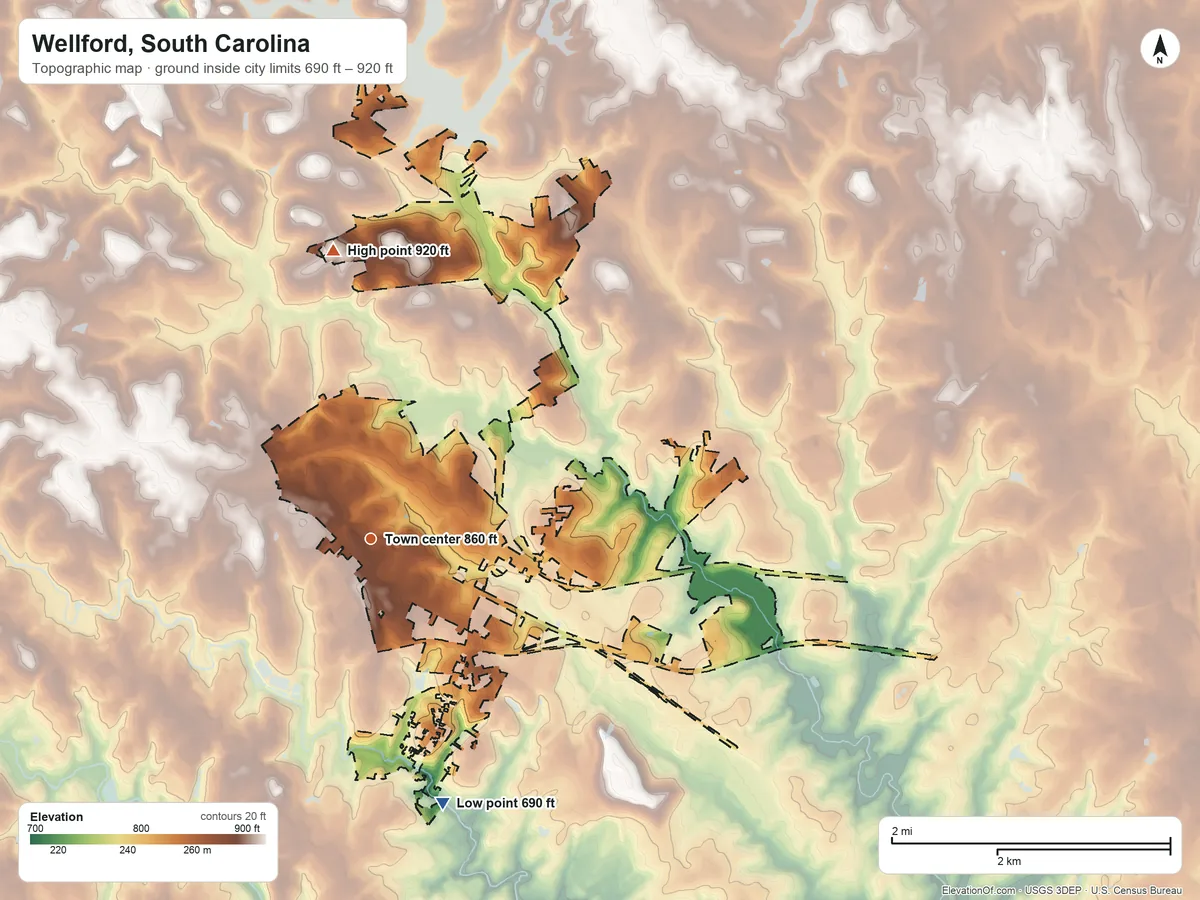 Topographic elevation map of Wellford, South Carolina, shaded from 690 ft on the south side to 920 ft on the north side