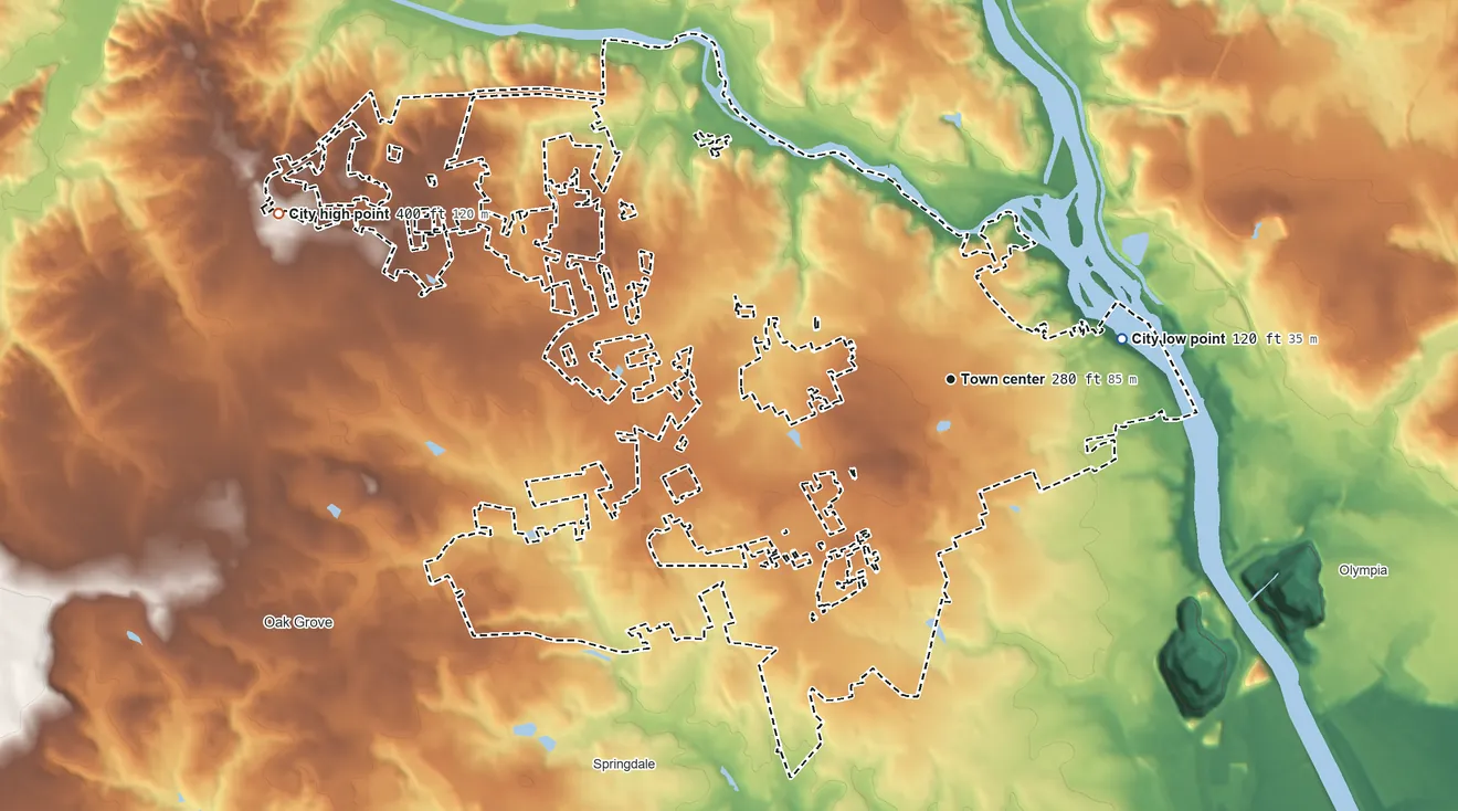 Topographic elevation map of West Columbia, South Carolina, shaded from 120 ft on the east side to 400 ft on the west side