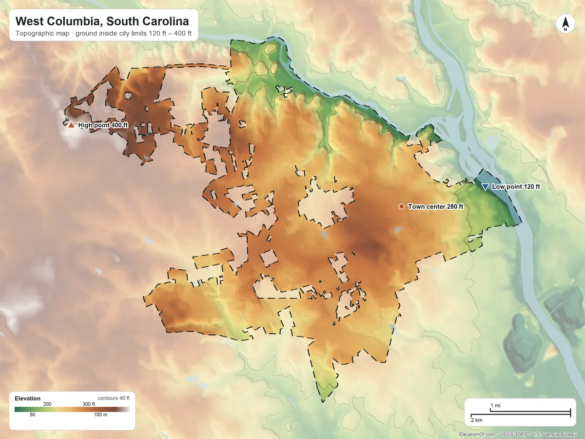 Topographic elevation map of West Columbia, South Carolina, shaded from 120 ft on the east side to 400 ft on the west side