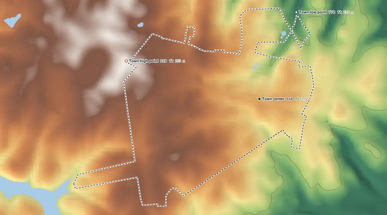 Topographic elevation map of West Pelzer, South Carolina, shaded from 770 ft on the northeast side to 910 ft on the west side