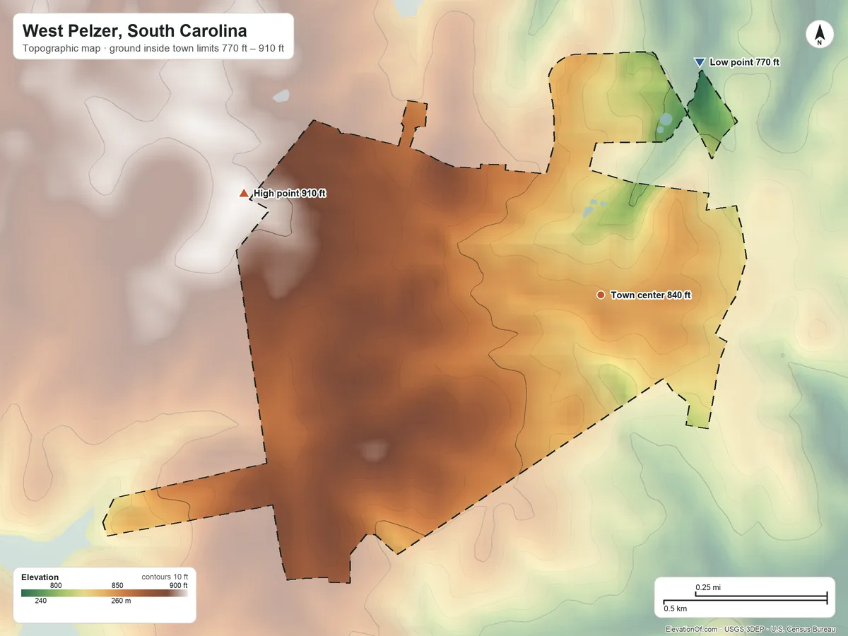 Topographic elevation map of West Pelzer, South Carolina, shaded from 770 ft on the northeast side to 910 ft on the west side