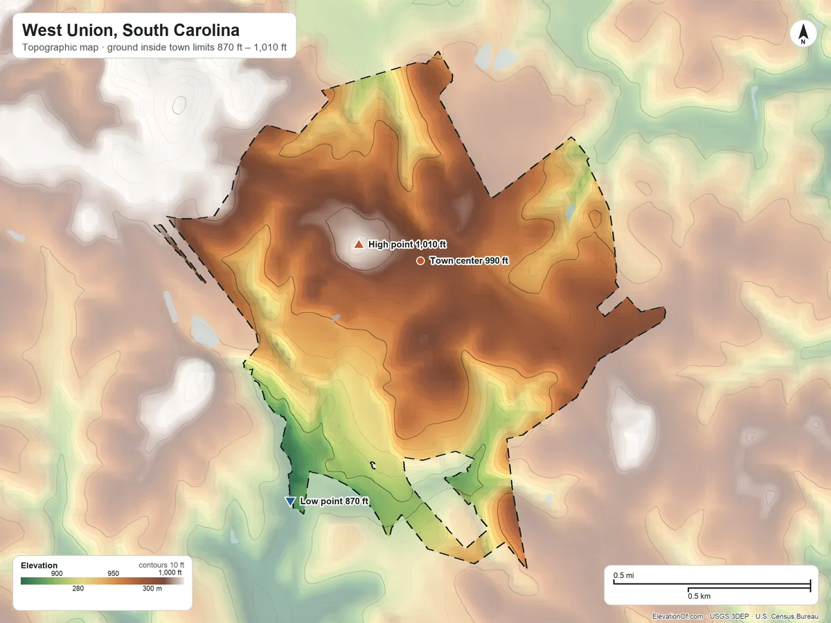 Topographic elevation map of West Union, South Carolina, shaded from 870 ft on the southwest side to 1,010 ft near the middle