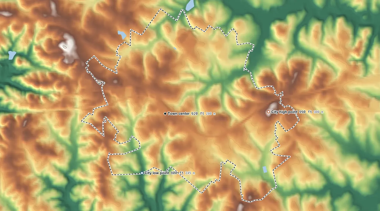 Topographic elevation map of Westminster, South Carolina, shaded from 800 ft on the south side to 990 ft on the east side