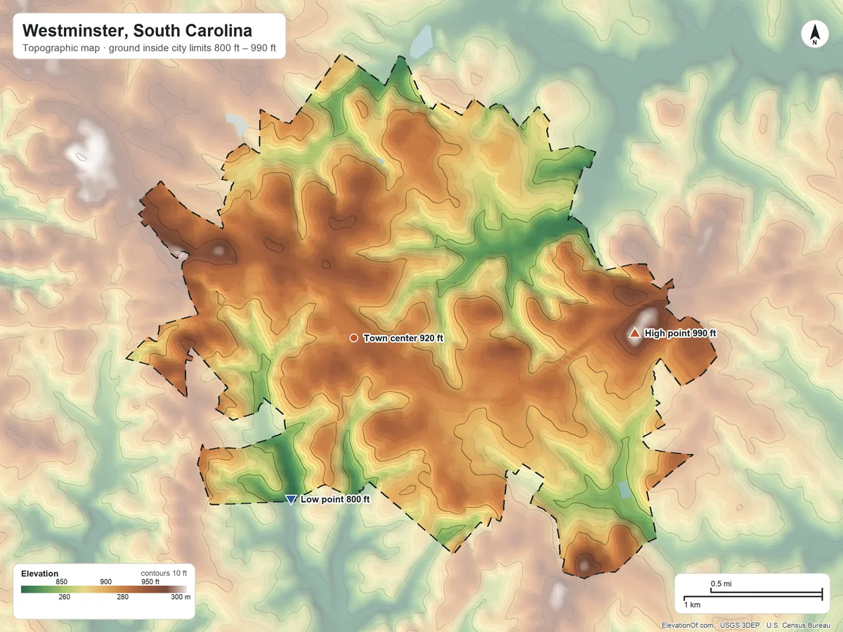 Topographic elevation map of Westminster, South Carolina, shaded from 800 ft on the south side to 990 ft on the east side
