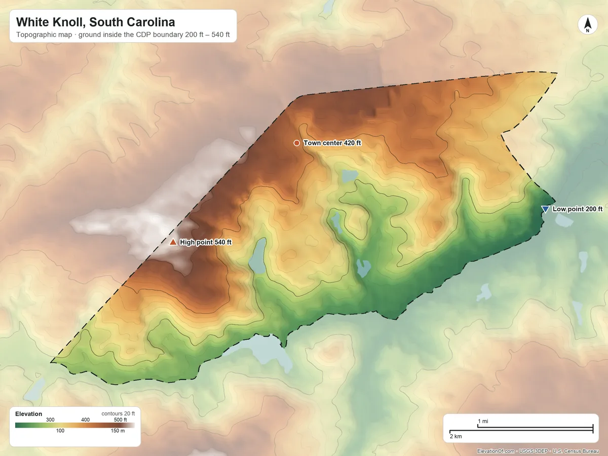 Topographic elevation map of White Knoll, South Carolina, shaded from 200 ft on the east side to 540 ft on the southwest side