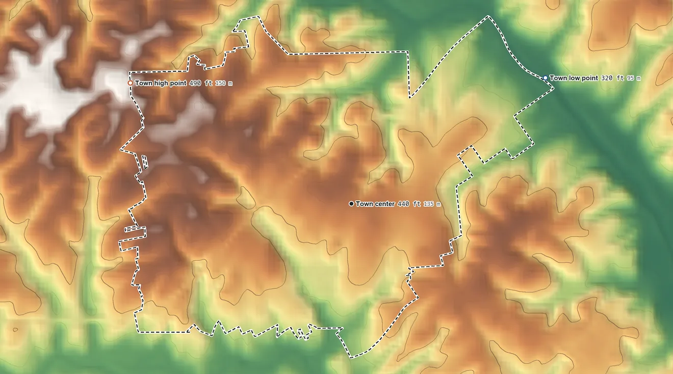 Topographic elevation map of Whitmire, South Carolina, shaded from 320 ft on the northeast side to 490 ft on the northwest side