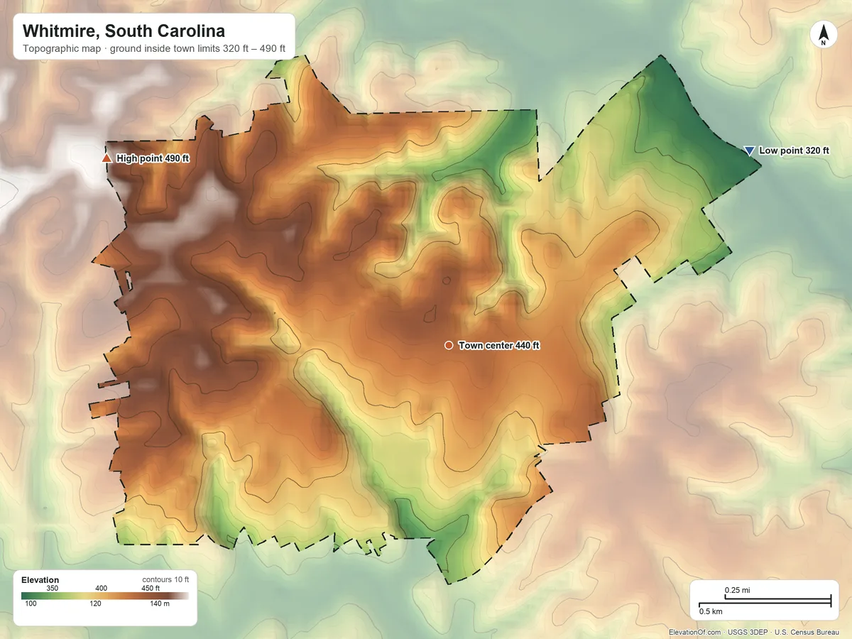 Topographic elevation map of Whitmire, South Carolina, shaded from 320 ft on the northeast side to 490 ft on the northwest side