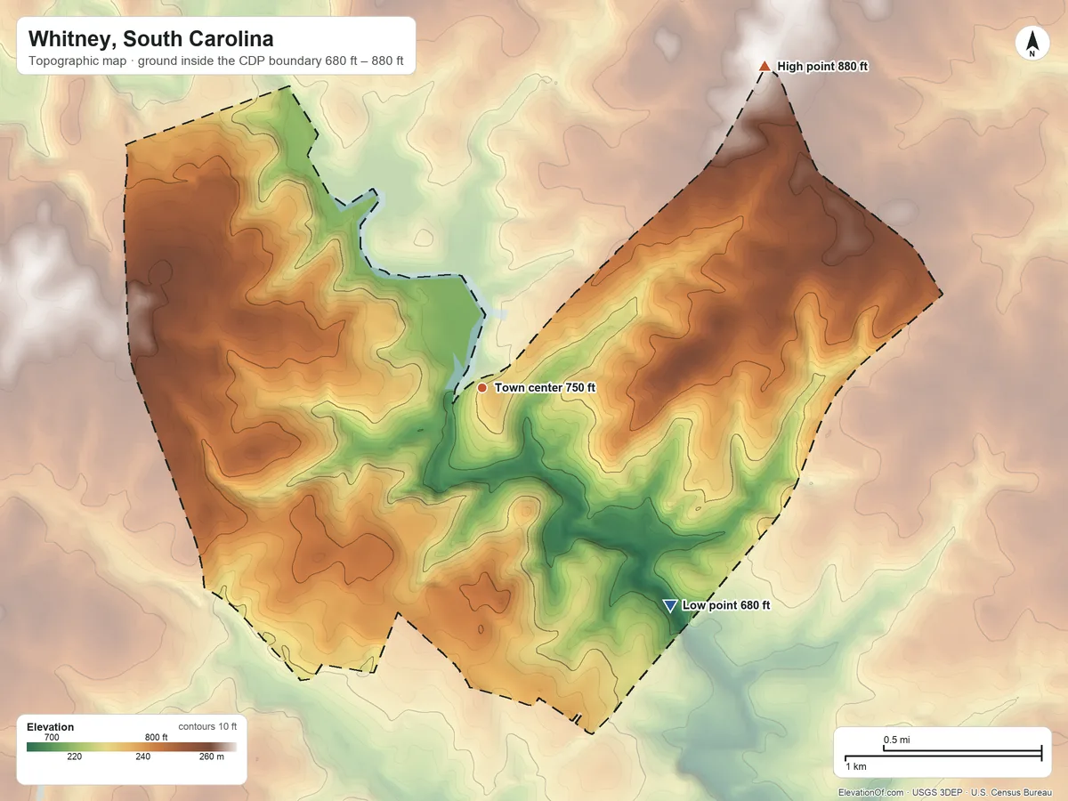 Topographic elevation map of Whitney, South Carolina, shaded from 680 ft on the southeast side to 880 ft on the northeast side