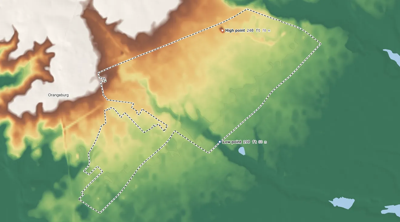 Topographic elevation map of Wilkinson Heights, South Carolina, shaded from 190 ft on the southeast side to 240 ft on the northeast side