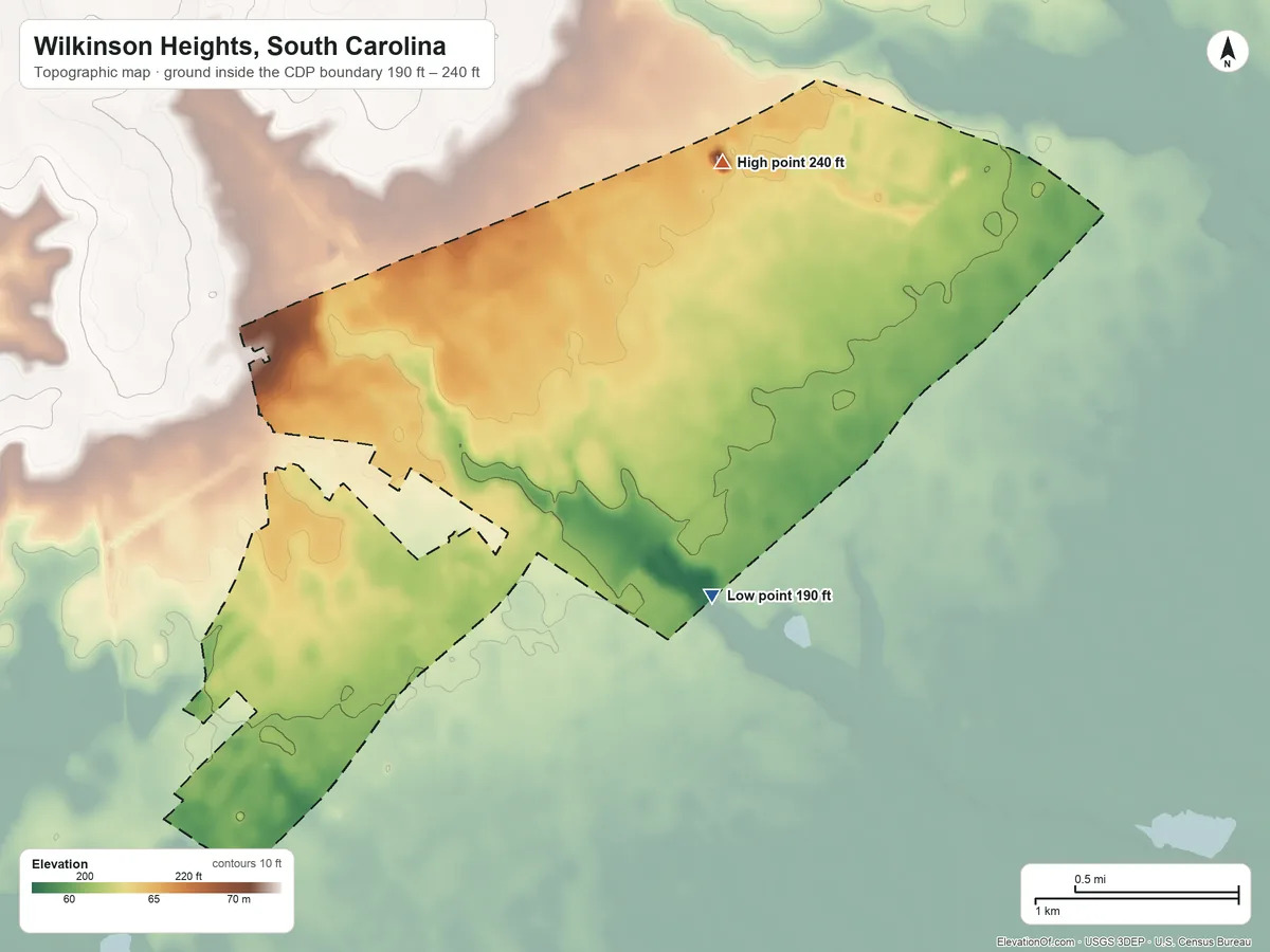 Topographic elevation map of Wilkinson Heights, South Carolina, shaded from 190 ft on the southeast side to 240 ft on the northeast side
