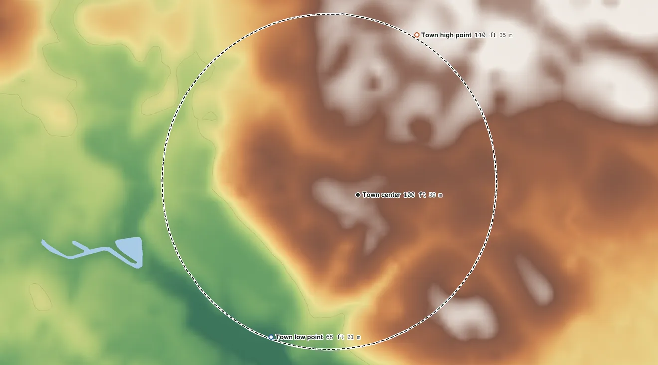 Topographic elevation map of Williams, South Carolina, shaded from 68 ft on the southwest side to 110 ft on the north side