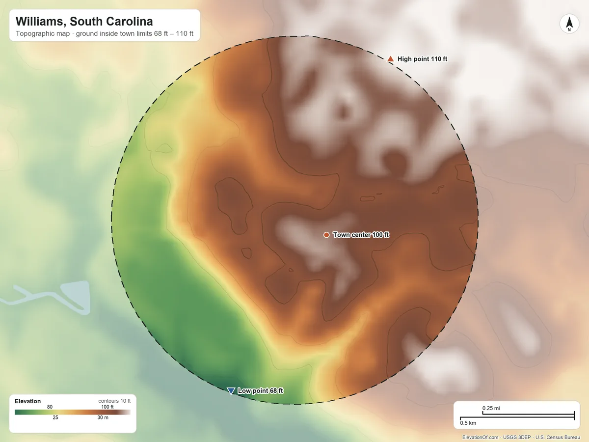 Topographic elevation map of Williams, South Carolina, shaded from 68 ft on the southwest side to 110 ft on the north side