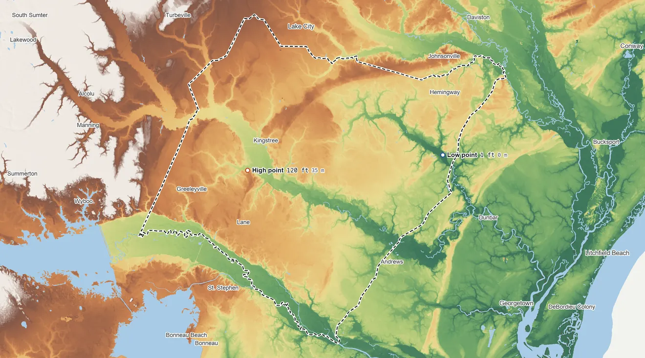 Topographic elevation map of Williamsburg County, South Carolina, shaded from 1 ft on the east side to 120 ft on the west side
