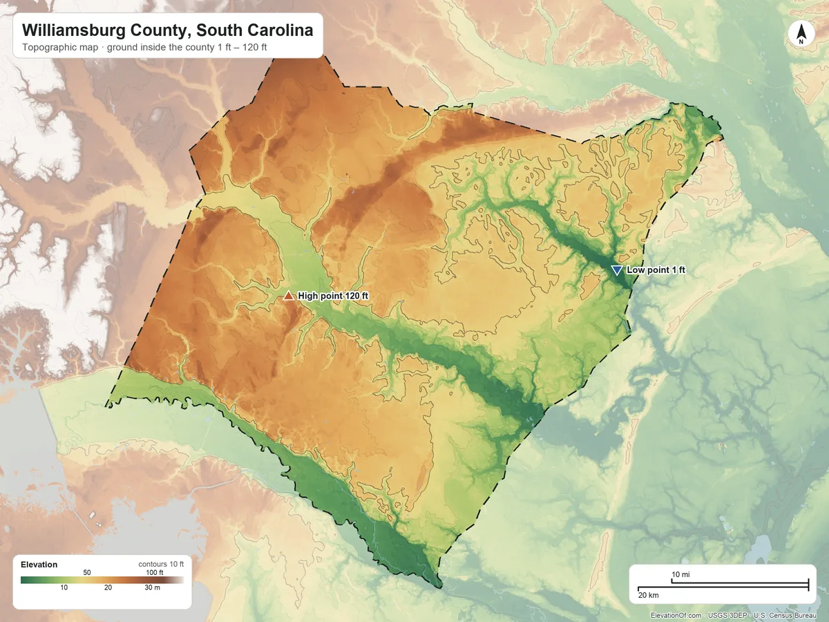 Topographic elevation map of Williamsburg County, South Carolina, shaded from 1 ft on the east side to 120 ft on the west side