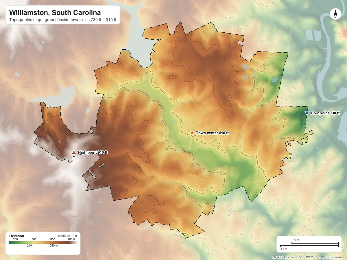Topographic elevation map of Williamston, South Carolina, shaded from 730 ft on the east side to 910 ft on the west side