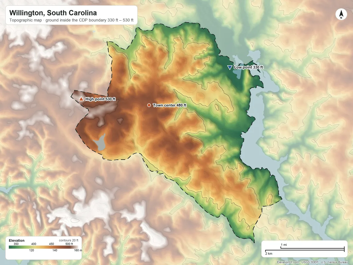 Topographic elevation map of Willington, South Carolina, shaded from 330 ft on the northeast side to 530 ft on the west side