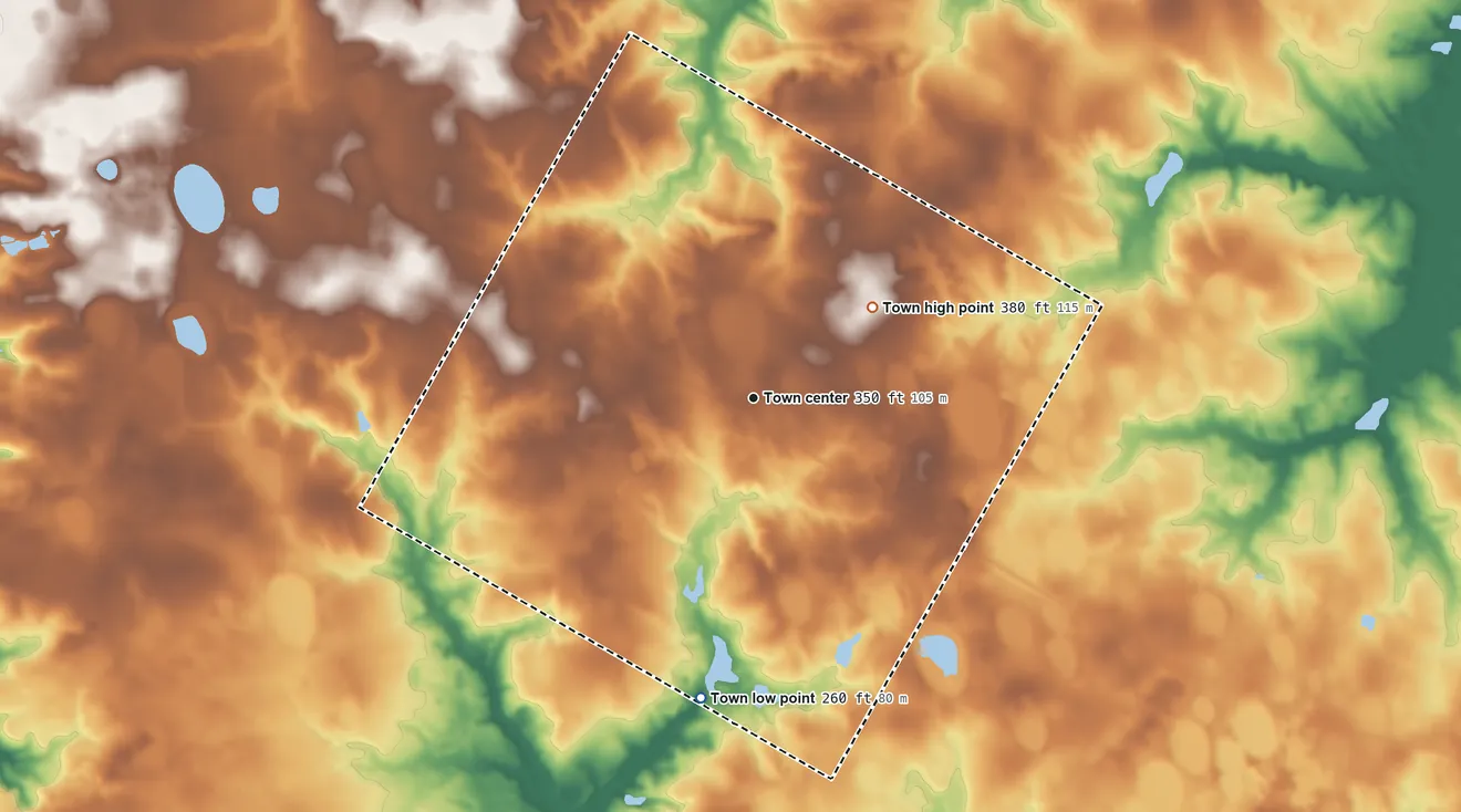 Topographic elevation map of Williston, South Carolina, shaded from 260 ft on the south side to 380 ft on the northeast side