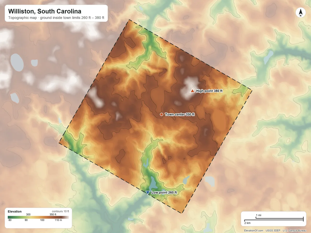 Topographic elevation map of Williston, South Carolina, shaded from 260 ft on the south side to 380 ft on the northeast side