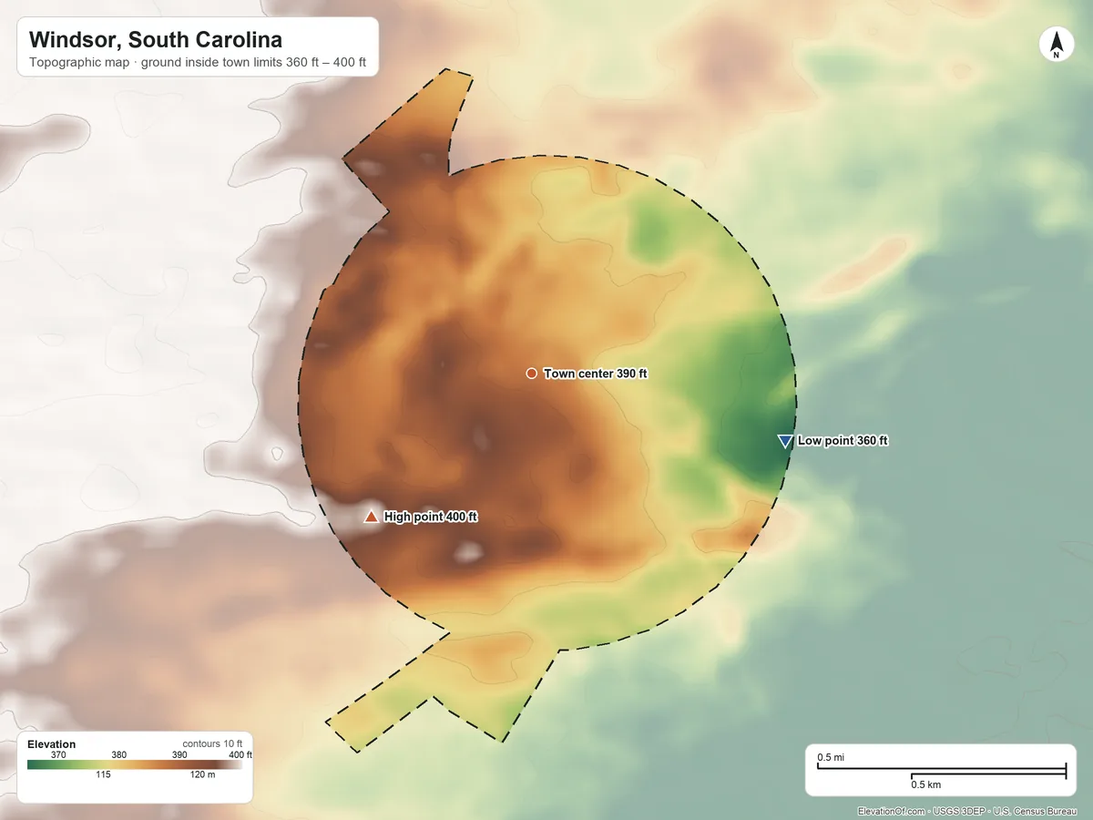 Topographic elevation map of Windsor, South Carolina, shaded from 360 ft on the east side to 400 ft on the southwest side