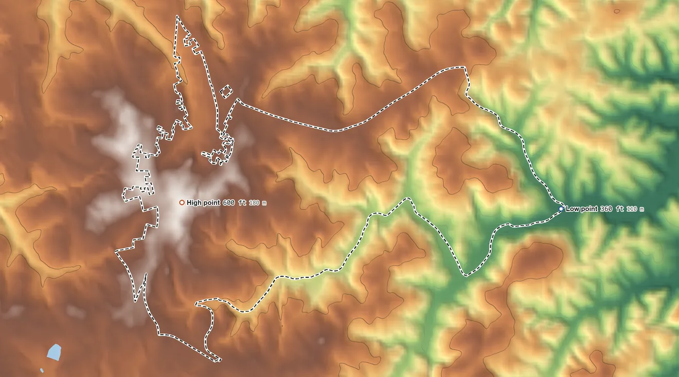 Topographic elevation map of Winnsboro Mills, South Carolina, shaded from 360 ft on the east side to 600 ft on the southwest side