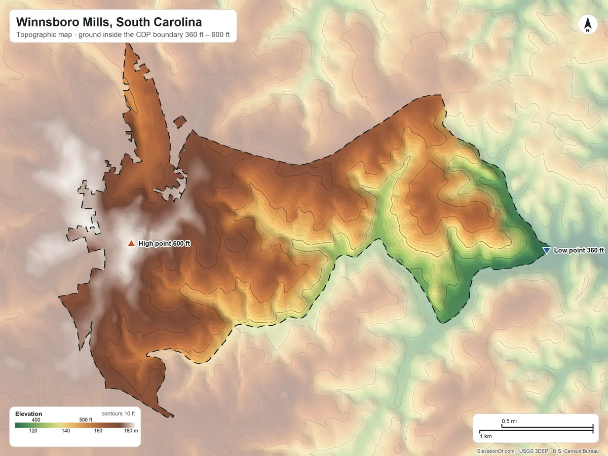 Topographic elevation map of Winnsboro Mills, South Carolina, shaded from 360 ft on the east side to 600 ft on the southwest side