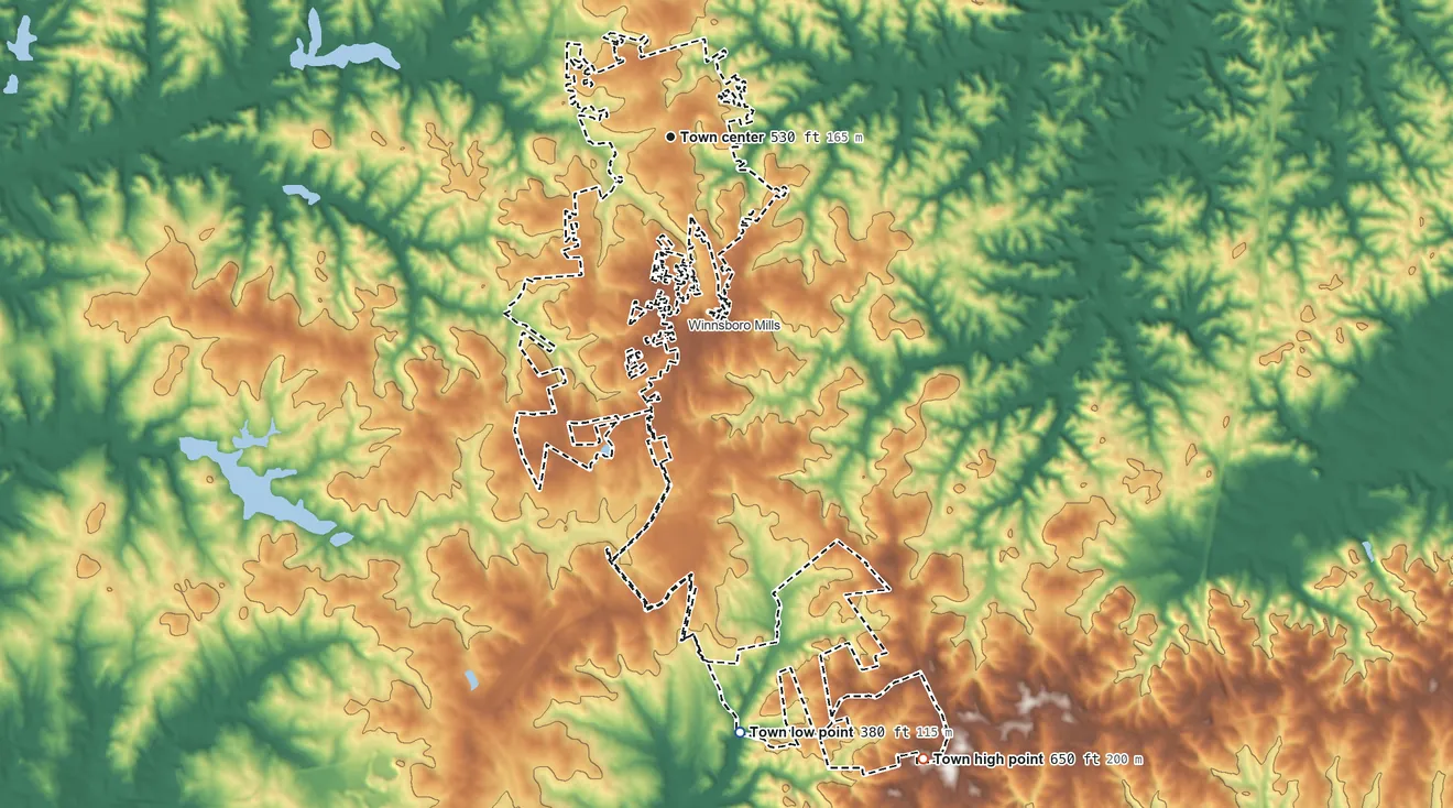 Topographic elevation map of Winnsboro, South Carolina, shaded from 380 ft on the south side to 650 ft on the south side