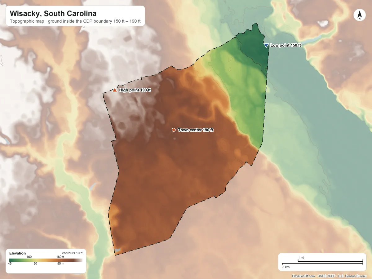 Topographic elevation map of Wisacky, South Carolina, shaded from 150 ft on the northeast side to 190 ft on the northwest side